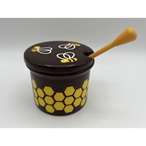 Waechtersbach Brown Yellow Ceramic Beehive Honey Pot Jar w Lid & Dipper Vintage